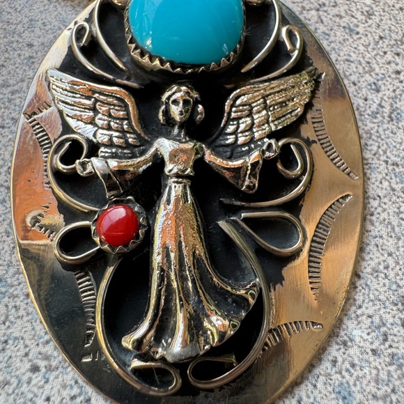 Vintage unsigned 90s silver tone faux turquoise coral angel keychain ring NWOT - Picture 4 of 8